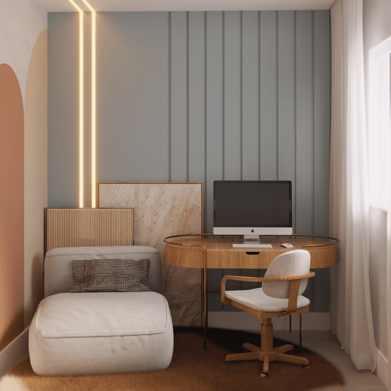 Home office compacto com parede azul e mesa curva