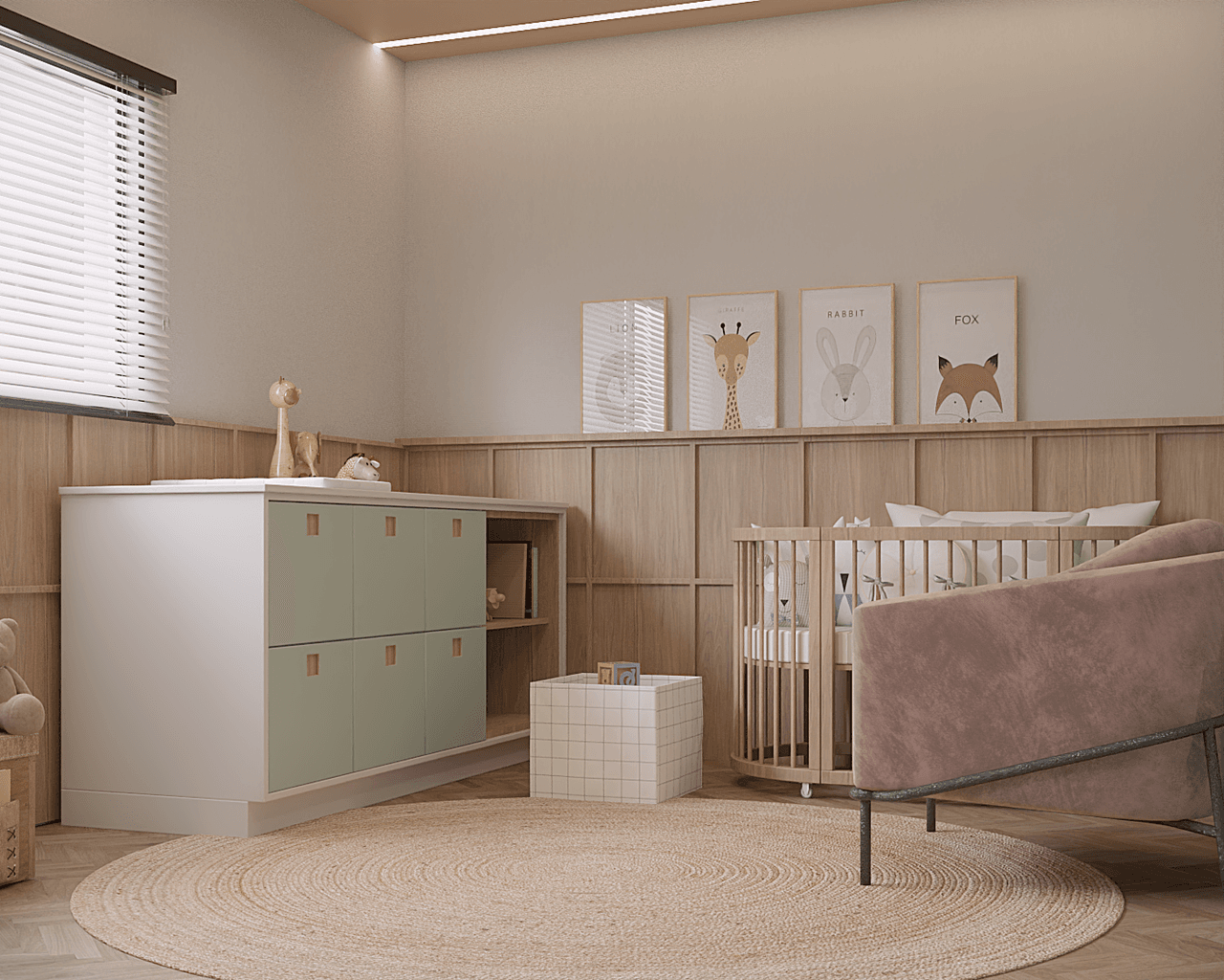 Quarto de bebê com painéis de madeira e tons neutros
