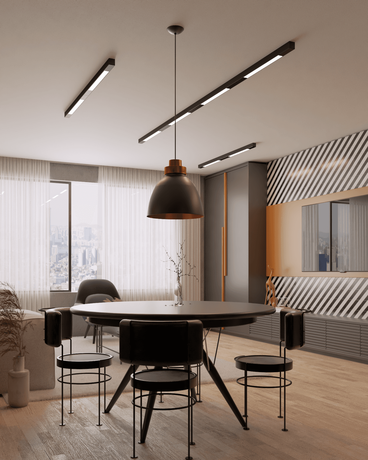 Sala de jantar industrial com mesa redonda preta e parede listrada